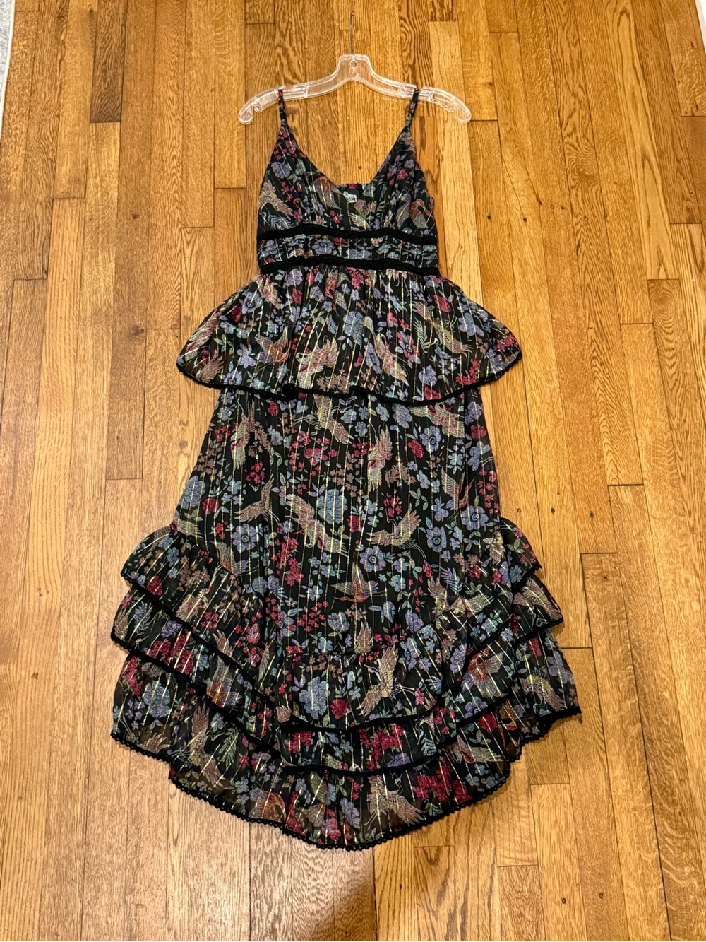 Angie Metallic Thread Floral Tiered Ruffle Maxi Dress Size M - Picture 3 of 10
